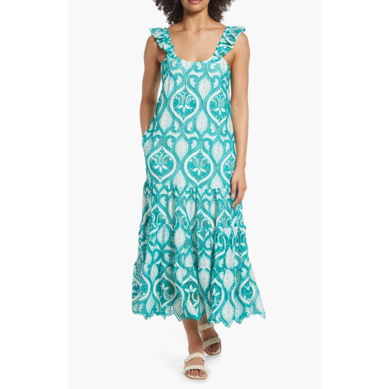Btlf Embroidered Flutter Strap Midi Dress Size S